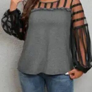 Grayand Black Top With Bishop Sleeves and Mesh Size 1XL NEW NWT